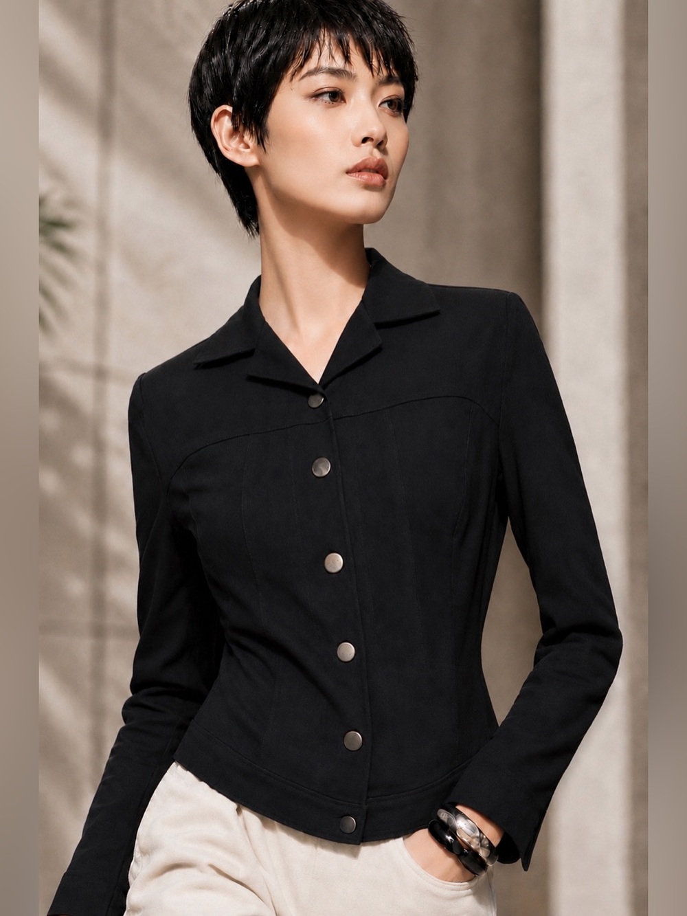 T Tahari Black Linen Blend Snap Front Cropped Chic Collared Jacket Top - Size S